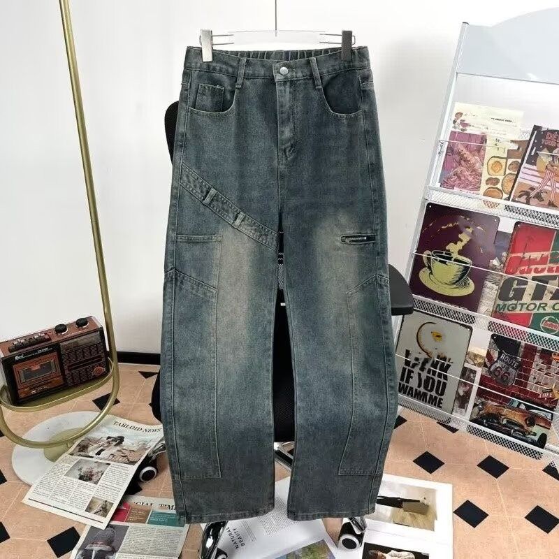 Men's American Retro Deconstructed Jeans Loose Casual Distressed Straight Leg Pants mid Waist Spring Autumn Trendy Cool_mkmklike.com