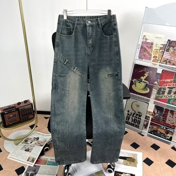 Men's American Retro Deconstructed Jeans Loose Casual Distressed Straight Leg Pants mid Waist Spring Autumn Trendy Cool_mkmklike.com