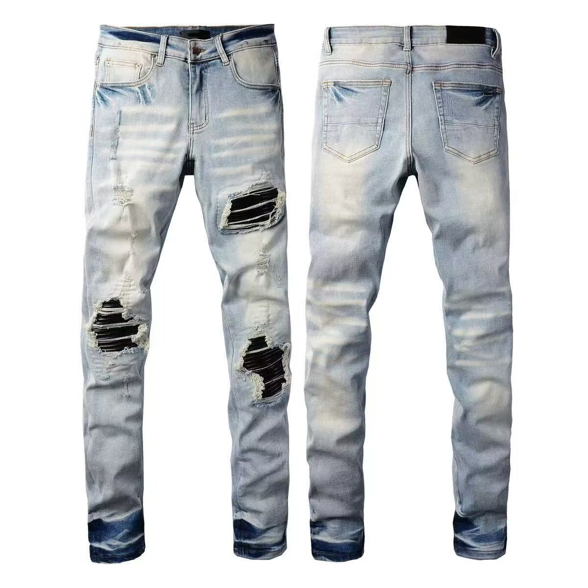 New Trendy Brand Letter High Street Black Fabric Patched Ripped Beggar Teen Washed Slim Fit Elastic Men's Clothing_mkmklike.com
