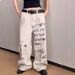 Distressed Parisian Street Style Letter Print Jeans For Men & Women - High Waist Straight Leg Baggy Wide Pants With Vintage Wash_mkmklike.com