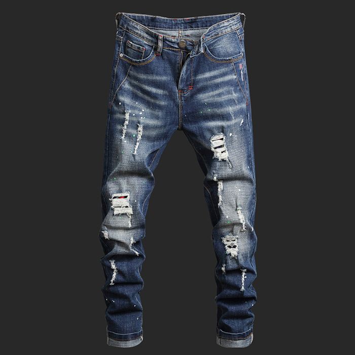 Men's Slim Tapered Jeans – Distressed Blue Denim Pants With Artistic Washes, Hand-Painted Details & Micro-Stretch (28-38, Mid-Rise Straight Fit)_mkmklike.com