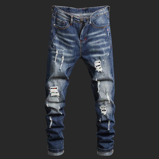 Men's Slim Tapered Jeans – Distressed Blue Denim Pants With Artistic Washes, Hand-Painted Details & Micro-Stretch (28-38, Mid-Rise Straight Fit)_mkmklike.com