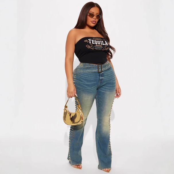 Distressed Jeans For Women – Side Beaded Embellishment & Vintage Wash (Trendy, Comfortable Fit)_mkmklike.com