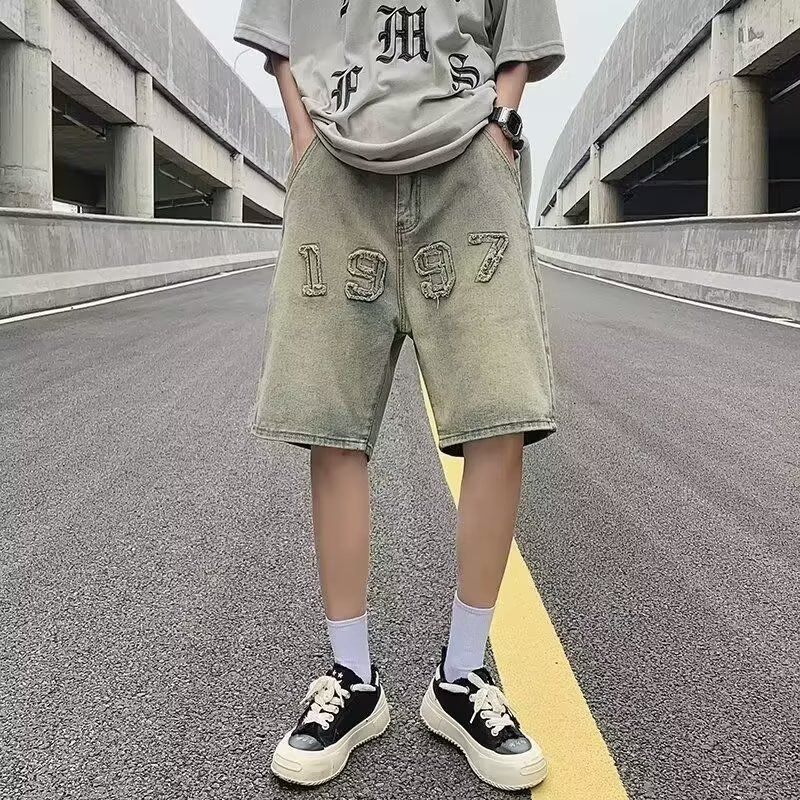 Men's Yellowish Brown Denim Shorts High Waist Straight Leg Casual Loose Five Point Summer Retro Trendy Brand_mkmklike.com