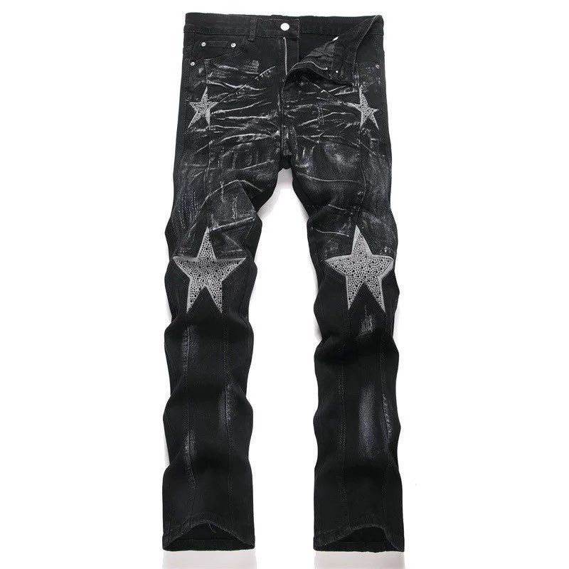 "Men's Rhinestone-Embellished Jeans – High Street Style, Five-Pointed Star & Graffiti Design (Black, Sizes 28-36)"_mkmklike.com