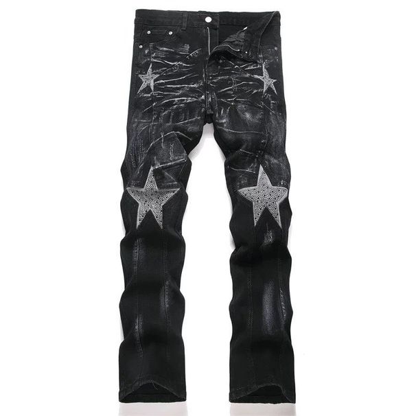 "Men's Rhinestone-Embellished Jeans – High Street Style, Five-Pointed Star & Graffiti Design (Black, Sizes 28-36)"_mkmklike.com