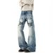 Men's Distressed Flared Jeans – Vintage-Inspired High Street Denim With Cat Whisker & Rivet Details (Blue, S-Xxxl)_mkmklike.com