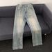 Men's Clothing Retro Blue Lightning Wash Jeans – Semi-Stretch, American Heavy-Distressed, Straight Bootcut With Knife-Pleat Detail_mkmklike.com