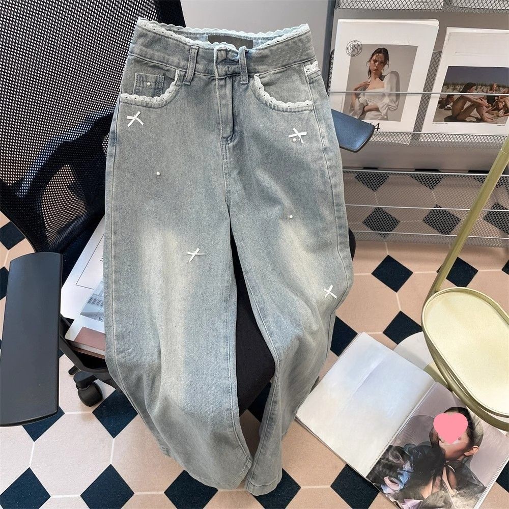 Lace Bow High-Waisted Flare Jeans – Summer Wide-Leg Denim Pants, Chic & Breathable_mkmklike.com