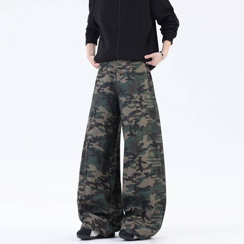 Men's Camo Denim Jeans – Straight Leg Cargo Pants With Tactical Pockets, Military-Inspired Streetwear, Relaxed Fit Workwear Trousers_mkmklike.com