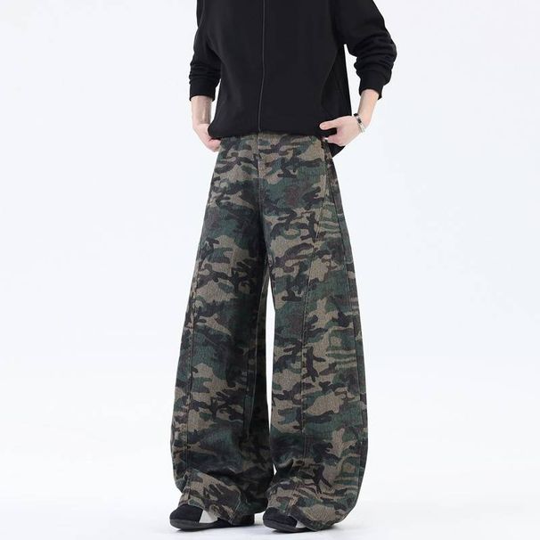 Men's Camo Denim Jeans – Straight Leg Cargo Pants With Tactical Pockets, Military-Inspired Streetwear, Relaxed Fit Workwear Trousers_mkmklike.com