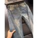 Men's Clothing Trendy Retro Style Washed Denim Jeans Slanted Cut Straight Leg Slim Fit Slightly Flared Curved Trousers Crackled Lightning Pattern_mkmklike.com