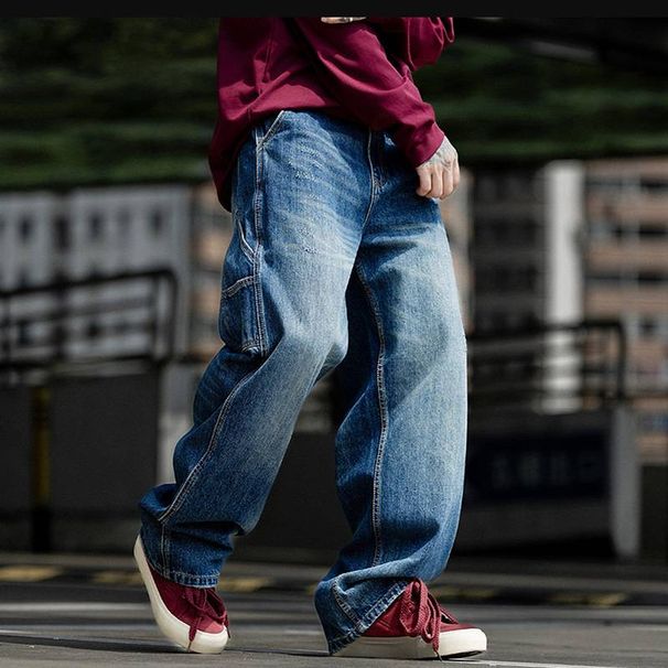 Men's Clothing Retro Blue Washed Denim Jeans Trendy Loose Fit Straight Leg Casual Pants New Spring_mkmklike.com