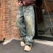 Men's Graffiti Washed Denim Pants - Streetwear High Waist Loose Fit Vintage Straight Leg Jeans With Artistic Paint Splatter Design_mkmklike.com
