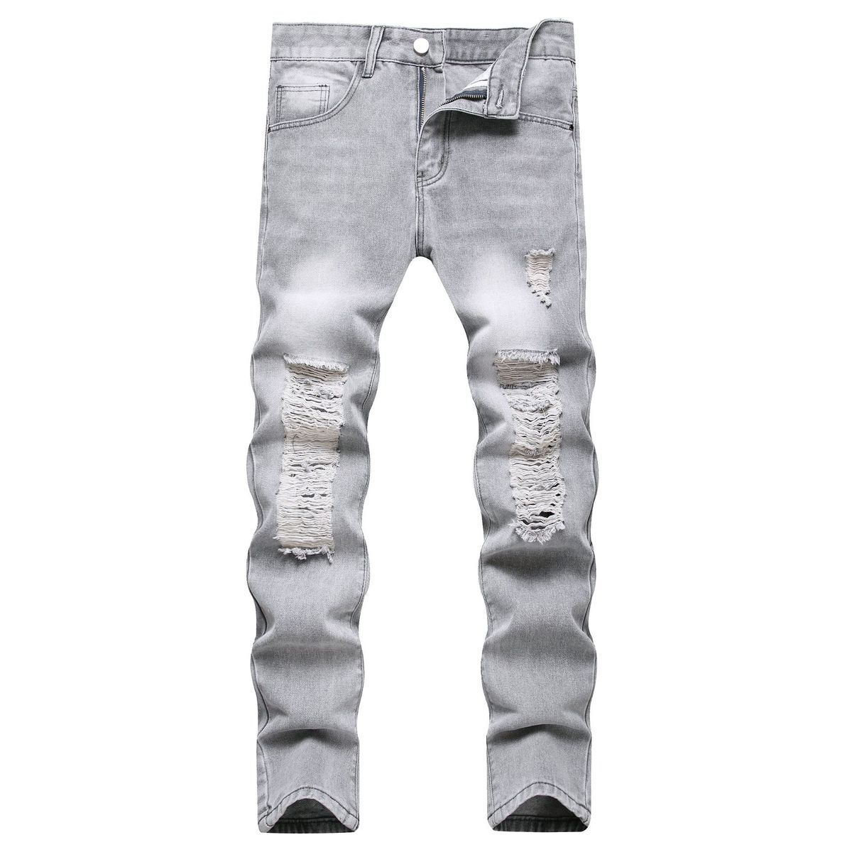 Men's Distressed Gray Straight Leg Jeans – Vintage Washed Non-Stretch Denim Pants For Casual Wear (28-40, All-Season Fit)_mkmklike.com