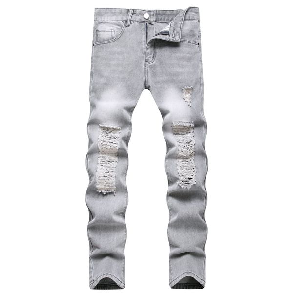 Men's Distressed Gray Straight Leg Jeans – Vintage Washed Non-Stretch Denim Pants For Casual Wear (28-40, All-Season Fit)_mkmklike.com