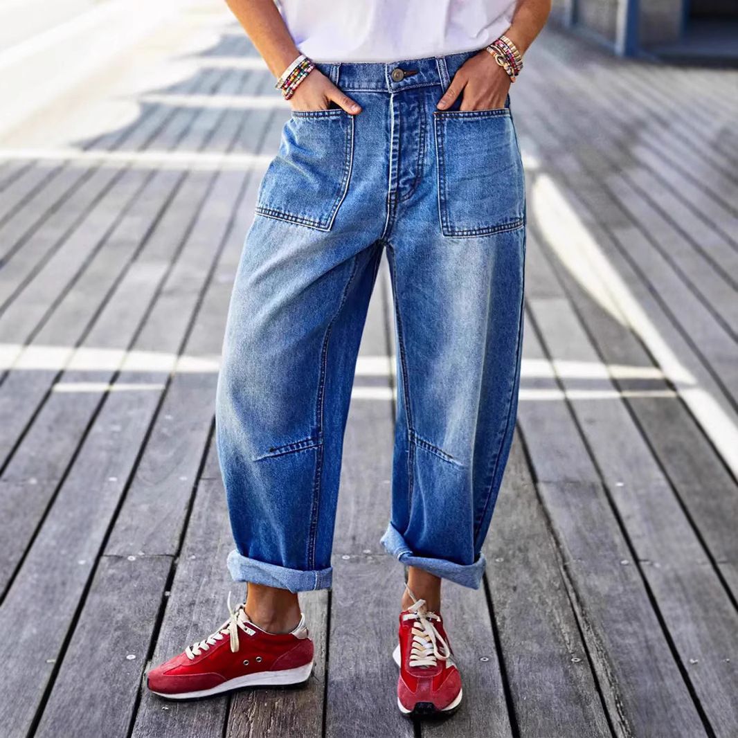 Women's Stretch Denim Jeans Mid-Rise Ankle-Length Cropped Style with Rolled-Up Cuffs Stitched Pockets European American Design_mkmklike.com