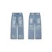 Vintage Washed Blue Jeans – Distressed Whisker & Water Wave Denim Baggy Pants With Flared Hem (Mid-Rise, Non-Stretch, Unisex Fit)_mkmklike.com