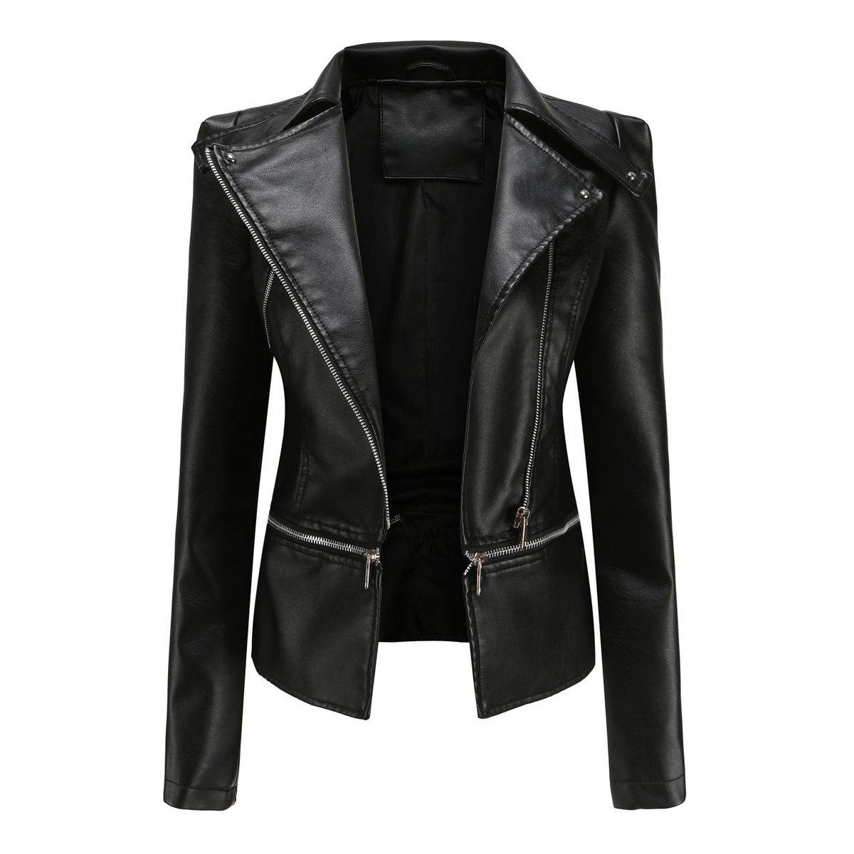 Women's leather jacket Long sleeve PU short jacket with hem removable jacket biker jacket_mkmklike.com
