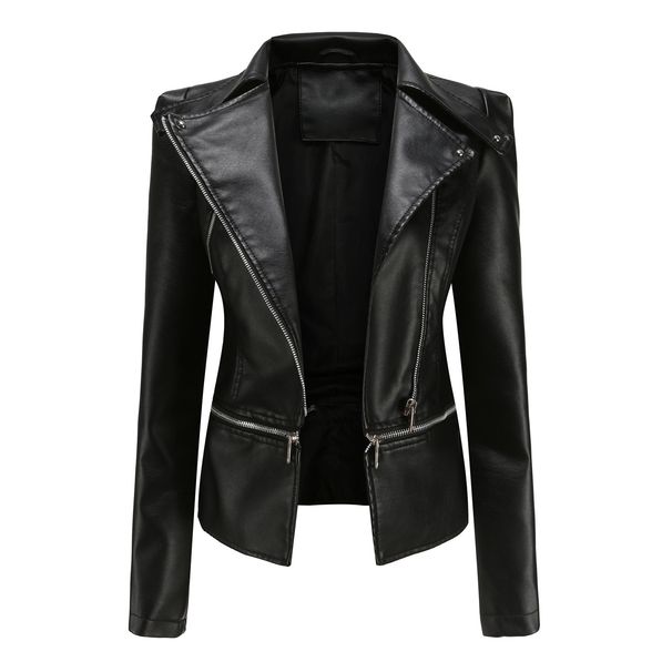 Women's leather jacket Long sleeve PU short jacket with hem removable jacket biker jacket_mkmklike.com