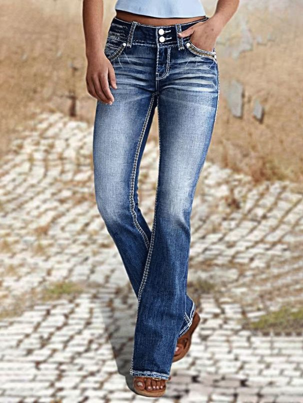 Women's Clothing Mid-Rise Stretch Washed Denim Jeans Slim Fit Bootcut Casual Pants_mkmklike.com