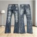 Unisex Vintage Blue Flared Jeans, Vertical Fade, Frayed Scratches, Biker Stacked, Breathable Summer_mkmklike.com