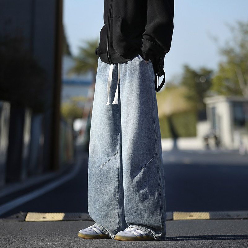 Washed Denim Jeans – Vintage Fade Straight Leg Pants For Men, Relaxed Fit With Drawstring Waist (Retro Blue/Black Grey/Smoke Grey)_mkmklike.com