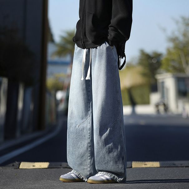Washed Denim Jeans – Vintage Fade Straight Leg Pants For Men, Relaxed Fit With Drawstring Waist (Retro Blue/Black Grey/Smoke Grey)_mkmklike.com