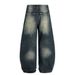 Spray-Dyed Color-Block Washed Denim Scimitar Men's High Street Vintage Loose Banana Silhouette Sickle Pants Trendy_mkmklike.com