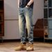 Spring And Summer American Yellow Mud Jeans Men's Heavy And Old Retro Washed Jeans Men's 3D Embossed Street Jeans_mkmklike.com