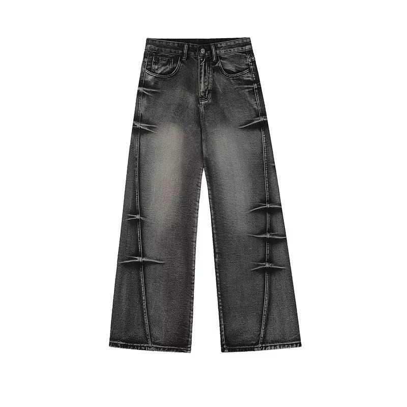 Men's Clothing American Retro Washed Design Jeans For Men And Women Trendy Cleanfit Loose Niche All Match Wide Leg Pants_mkmklike.com
