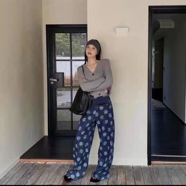 Rose Flower Jeans For Women 2025 Autumn New Korean Style High Waist Slimming Versatile Printed Wide-Leg Casual Pants_mkmklike.com