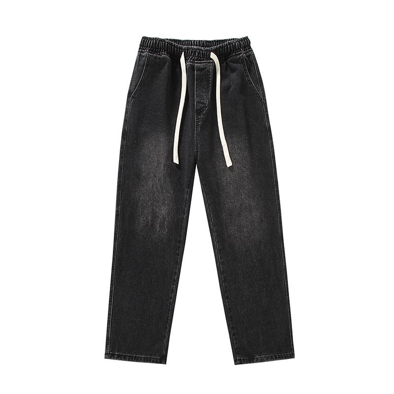 LKTM Men's Straight Leg Jeans Elastic Waist High Street Retro Loose Wide Leg Pants American Streetwear_mkmklike.com