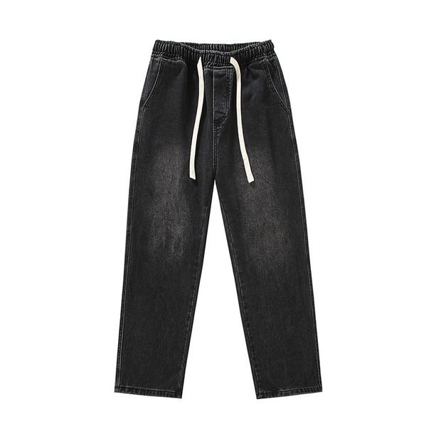LKTM Men's Straight Leg Jeans Elastic Waist High Street Retro Loose Wide Leg Pants American Streetwear_mkmklike.com