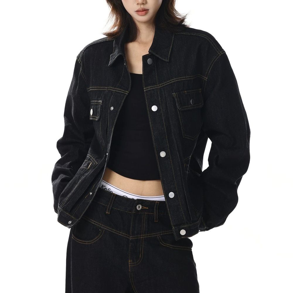 Unisex American Retro High End Black Denim Jacket Loose Fit Versatile Casual Workwear Top Unique Style_mkmklike.com