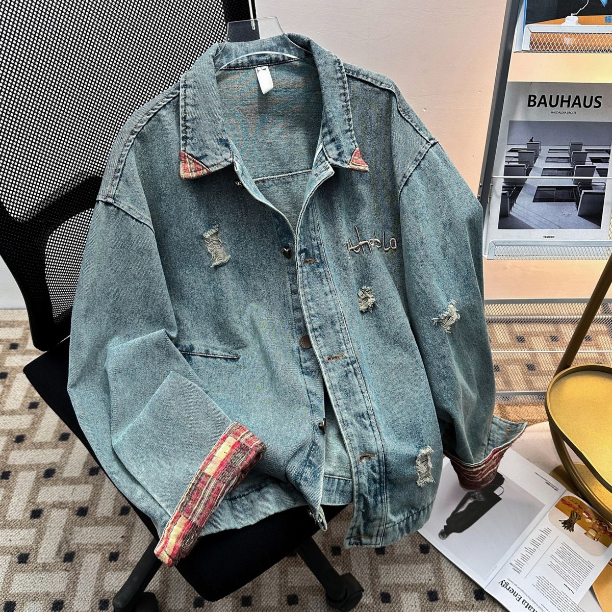 Retro Washed Distressed Embroidered Denim Jacket Men's Trendy Brand Loose Patchwork Jacket_mkmklike.com