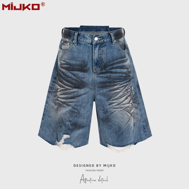 Men's Clothing Men's And Women's Spring And Summer Pleated Washed Wrinkled Dirty Dyed Denim Shorts Unisex Ripped Cat Whisker Pants_mkmklike.com