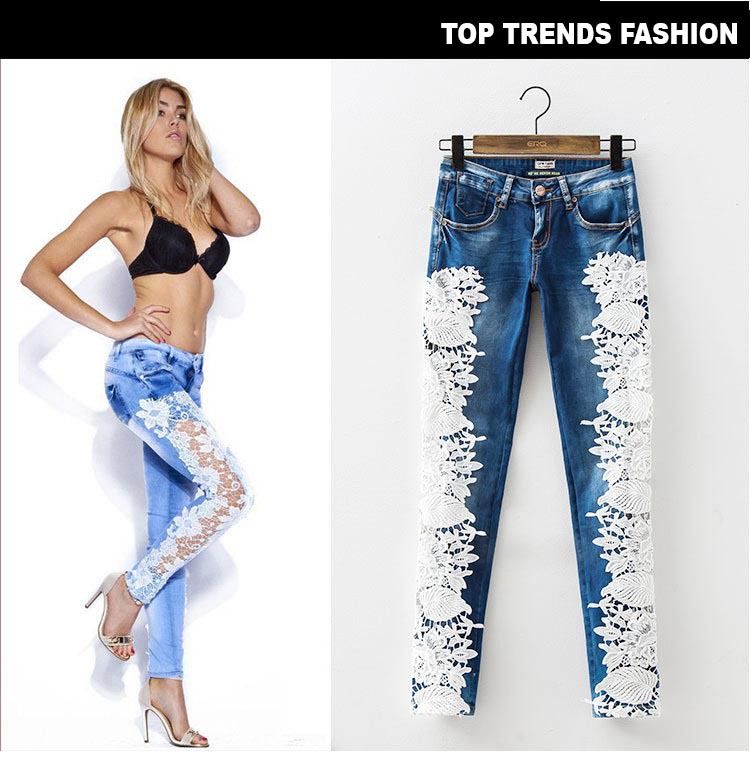 Women’s Clothing stitching lace women's denim trousers pencil pants skinny pants_mkmklike.com