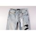 Men's American High Street Fashion Distressed Light Blue Letters Printing Stretch Skinny Button Fly Ripped Jeans_mkmklike.com