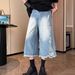 Glacier Blue Ripped Denim Shorts With Rough Edges, Men's American Washed Silhouette Design, Straight Leg Casual Cropped_mkmklike.com