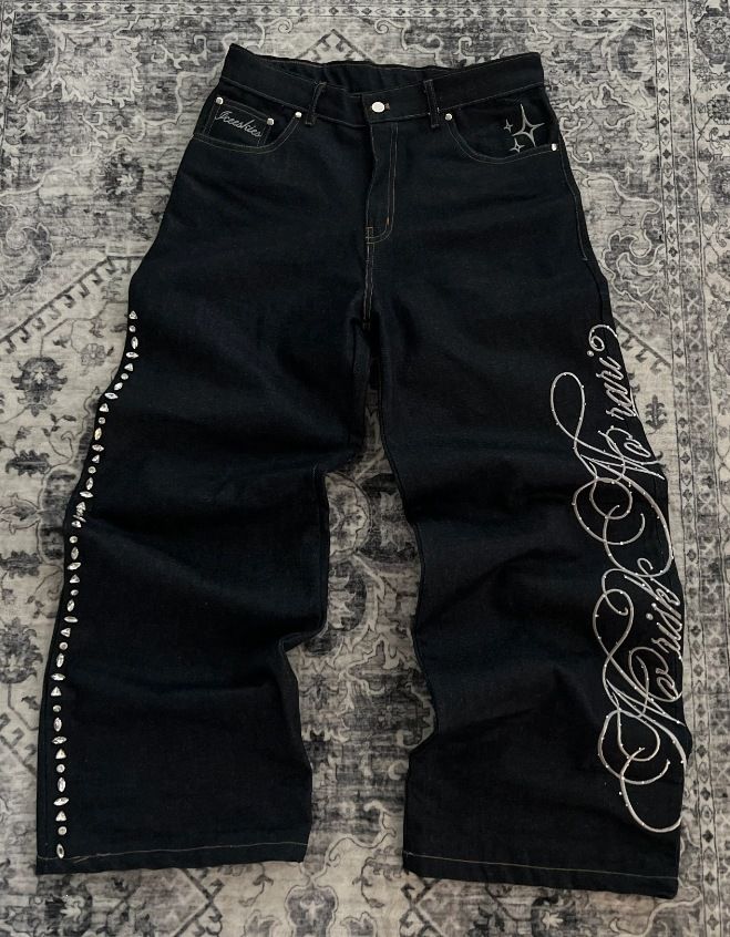 Women's plus Size Denim Jeans Low Waist Straight Leg Loose Fit Cross Border Trade Independent Website European American Style with Prints Sequins_mkmklike.com