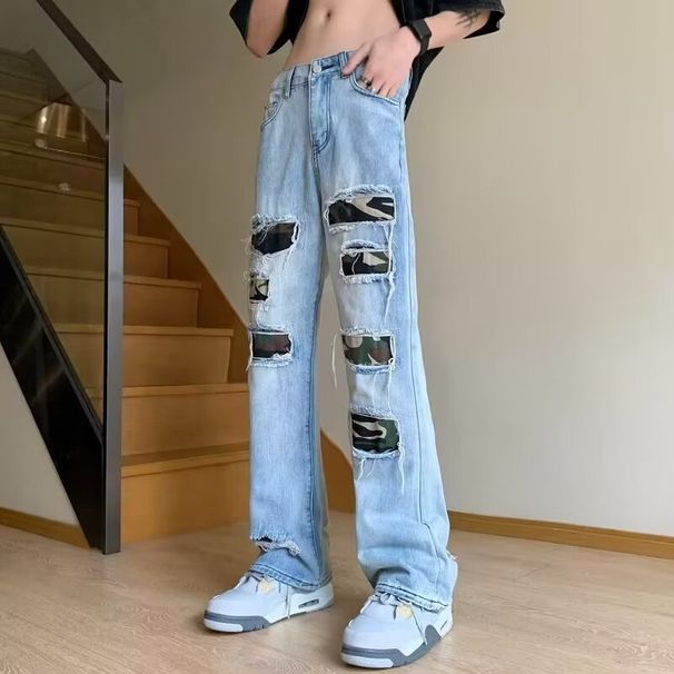 Men's Heavyweight Retro Distressed Light Blue Jeans Casual Edgy Straight Leg Loose Fit Wide Leg Trousers_mkmklike.com