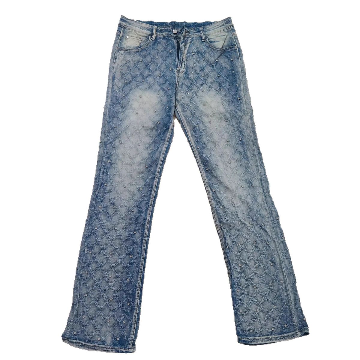 Men's Stretch Denim Jeans - Classic Straight Fit With Pearl Embellishments For Casual & Stylish Look (Blue/Black)_mkmklike.com