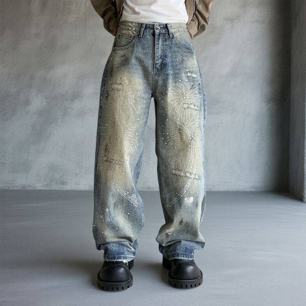 Men's Clothing American Style Trendy Men's Loose Fitting Straight Leg Jeans With Faux Ripped Details And Sparkling Details_mkmklike.com