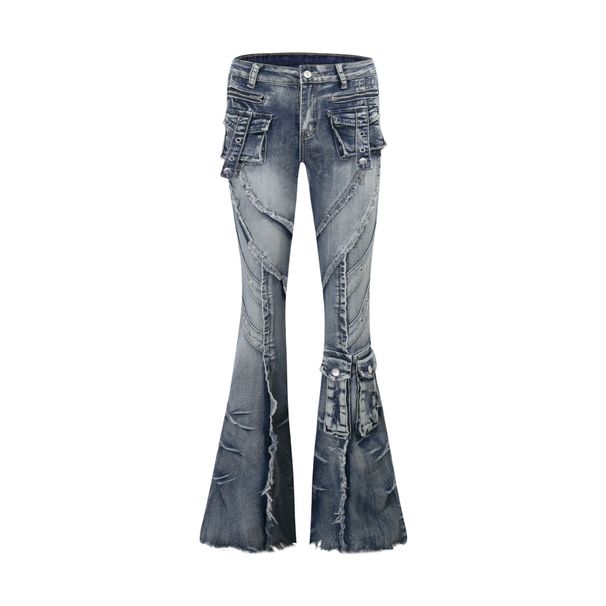 Vintage American Flare Jeans For Women - High Waisted Stretchy Denim Pants With Distressed Wash, Retro Streetwear Style_mkmklike.com