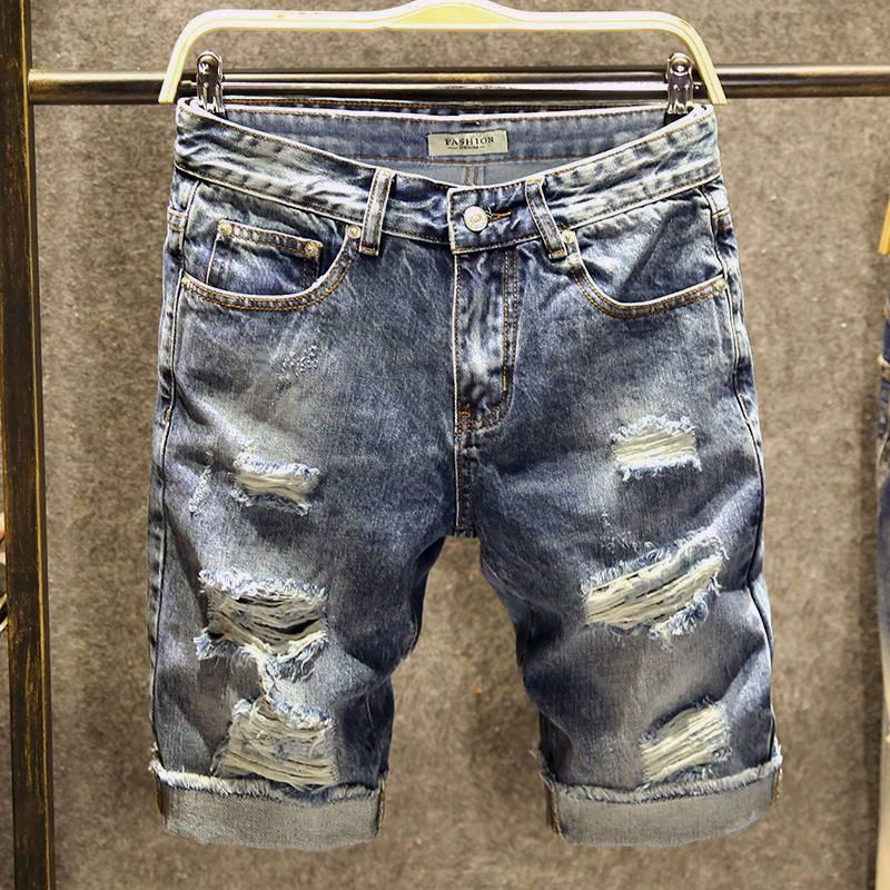 Men's Clothing Sanli Dadi Summer Light Color Hole Denim Shorts Men's Loose Five Point Pants Men's Style Trendy Brand Split Pants_mkmklike.com