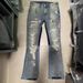 Men's Clothing Washed Old Damaged Holes Cat Whisker Embroidery Print Ink Splash Micro Flared Wide Leg Jeans Jeans_mkmklike.com