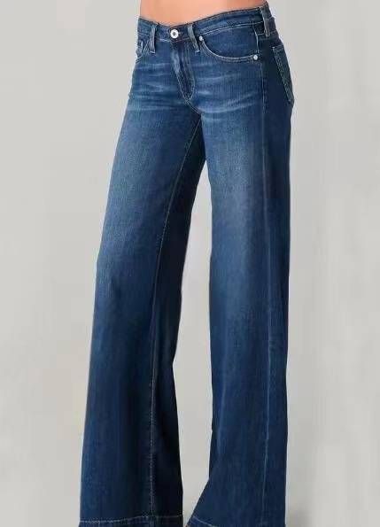 Women's Stretchy Wide Leg Denim Pants - Trendy Mid Rise Loose Fit Jeans With Pockets (Regular & Cropped Length, S-2XL, Dark Blue)_mkmklike.com