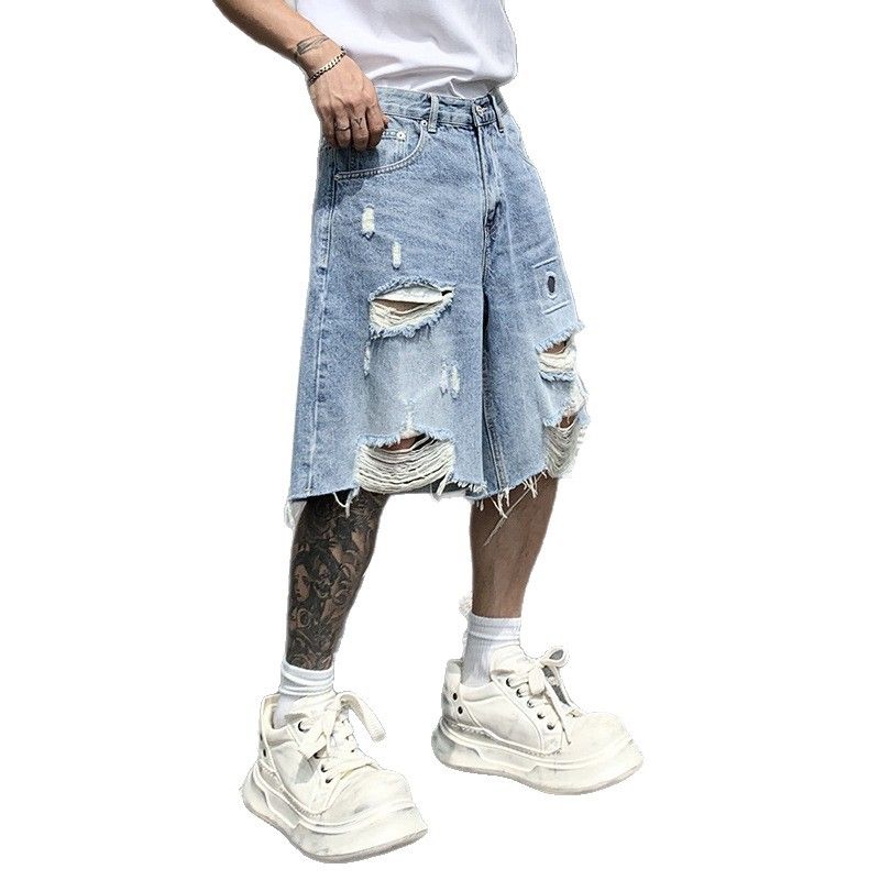 Men's American Retro High Street Ripped Denim Shorts Summer Trendy Loose Casual Wide Leg Five Point Pants_mkmklike.com