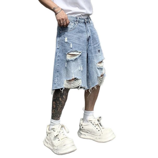 Men's American Retro High Street Ripped Denim Shorts Summer Trendy Loose Casual Wide Leg Five Point Pants_mkmklike.com